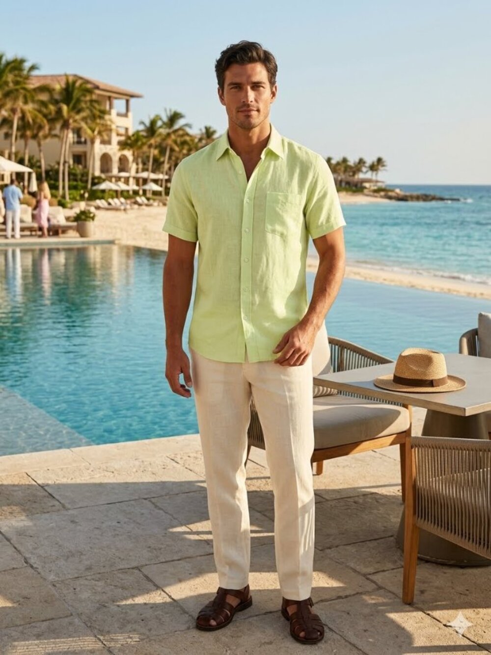 BALMAIN Men's Linen Blend Short Sleeve Shirt Button Down Size L Light Lime